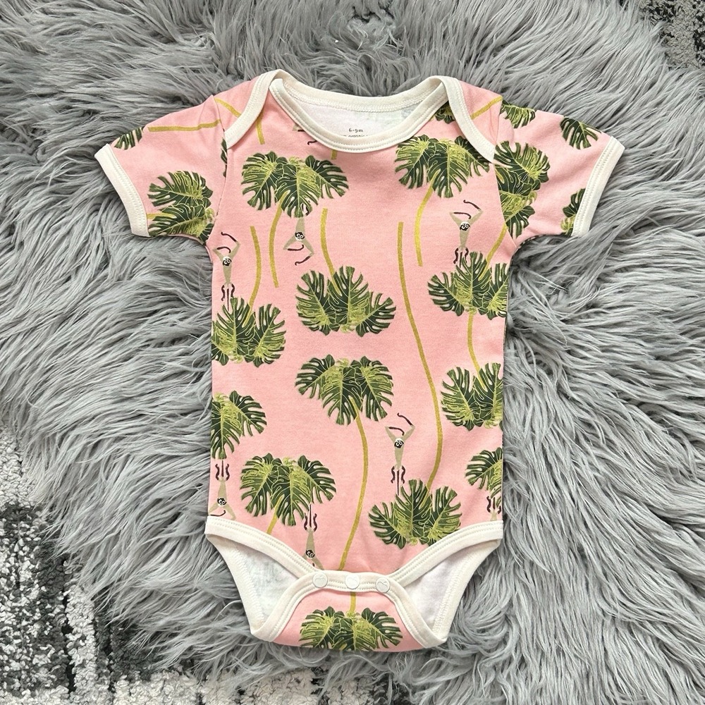 Apple Park + LALA CURIO Pink Organic Baby Bodysuit W/Palms & Monkeys  6-9 Month